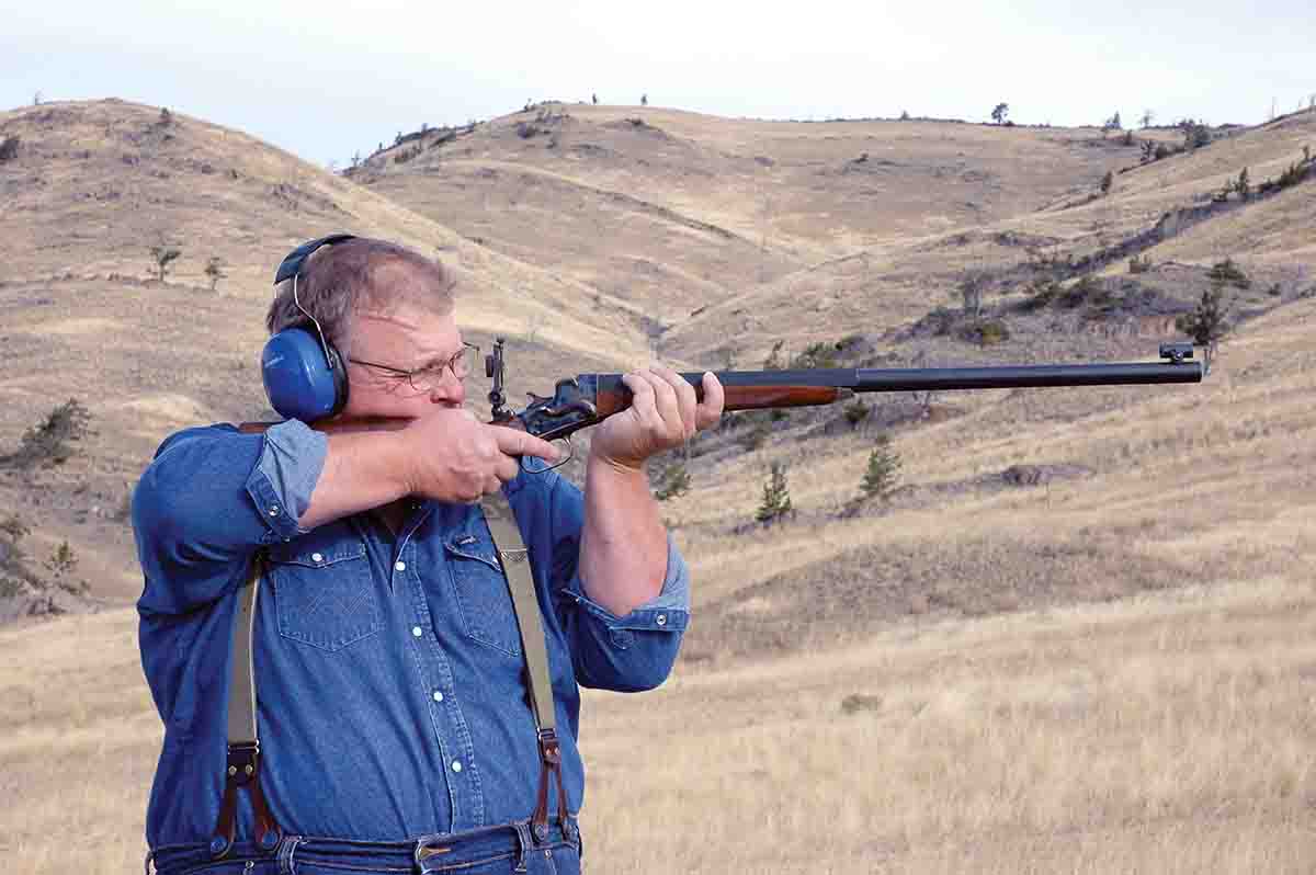 Mike is shooting a replica Remington No. 4 “Hepburn” by DZ Arms of Oklahoma City.